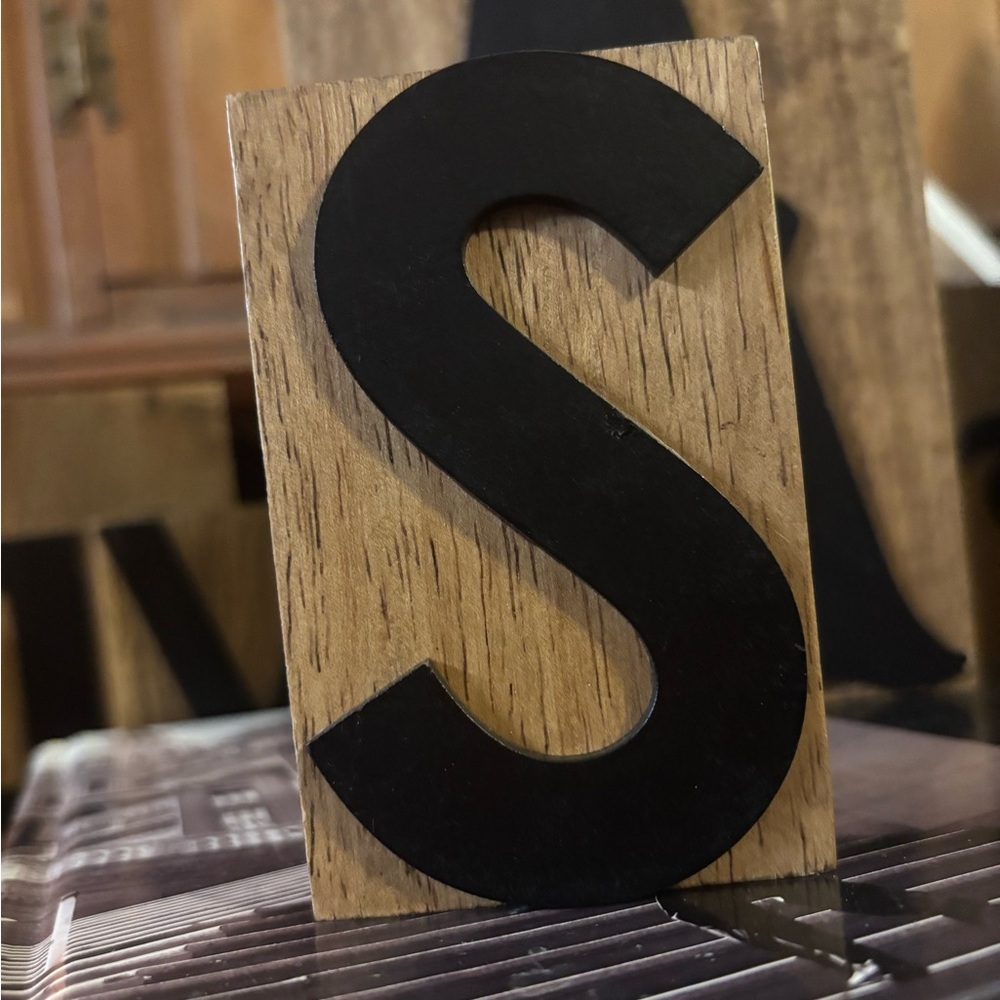 Decorative Wooden Block/Plaque Metal Letter A Wall Accent- Black on Natural Wood